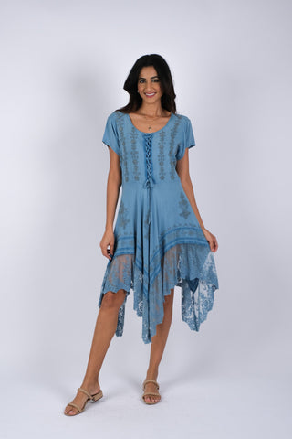 225223XXL Embroidered Artisan Blue Dress with Lace XXL