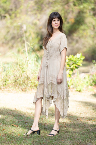 225233 Embroidered Artisan Camel Dress with Lace