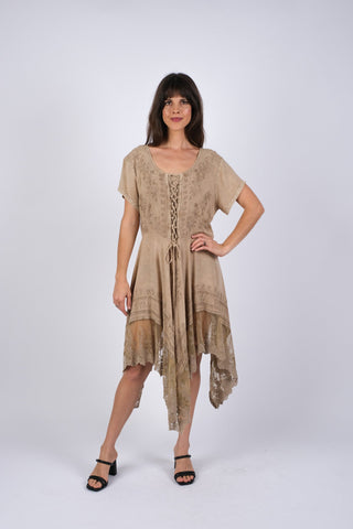 225233XXL Embroidered Artisan Camel Dress with Lace XXL